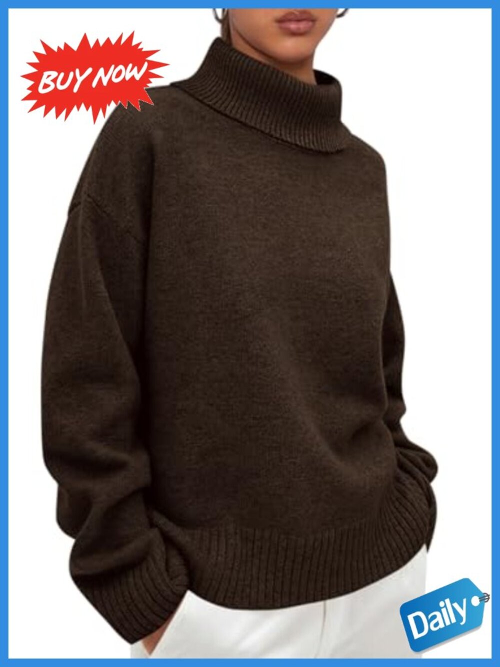 Turtleneck Long Sleeve Chunky Knit Pullover Sweater Womens Loose Fit